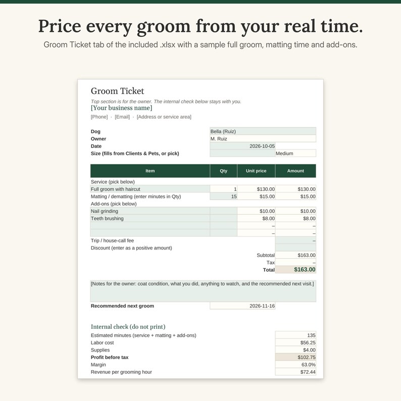 Groom Ticket tab of the spreadsheet with a sample full groom for a medium dog, matting time, two add-ons, total and internal profit check