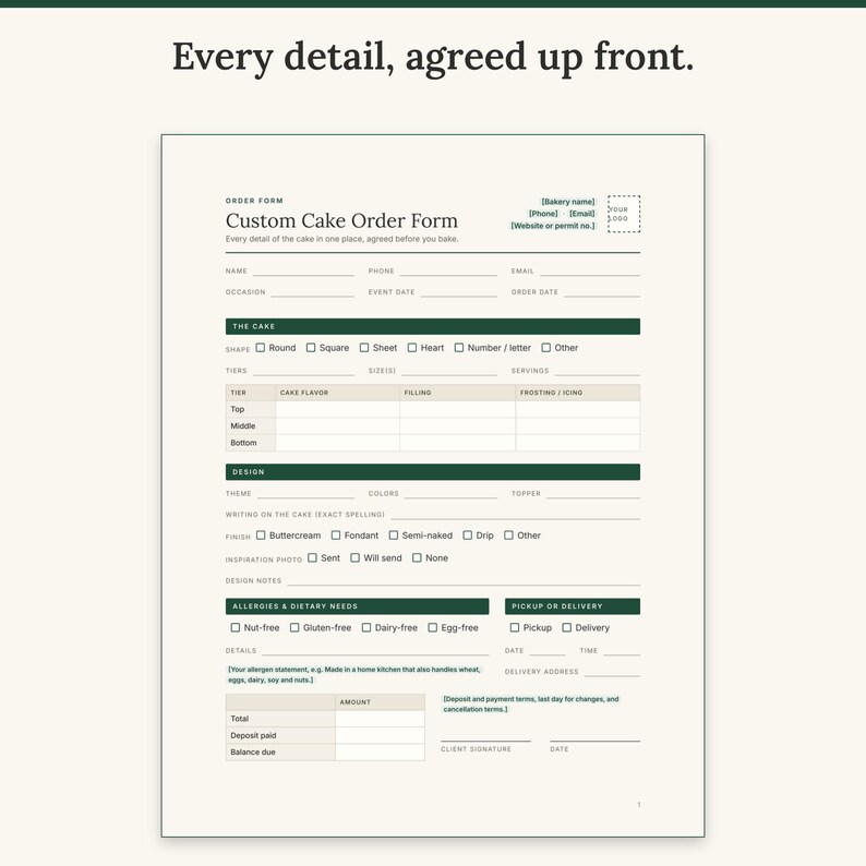Custom cake order form with tiers, flavors, design, writing, allergies, pickup or delivery and deposit
