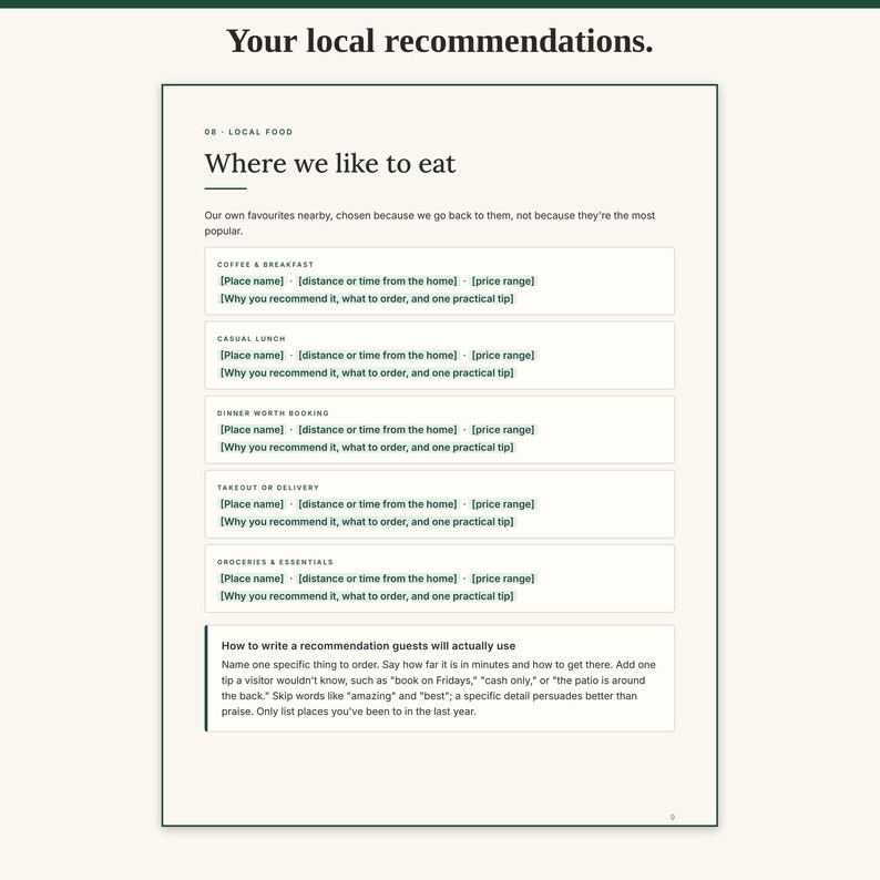 Local food recommendations page for a rental host