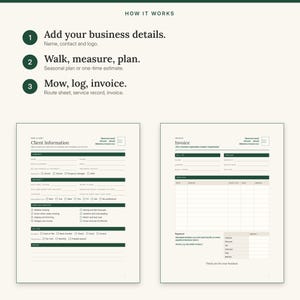 Three steps: add your business details, walk, measure and plan, then mow, log and invoice