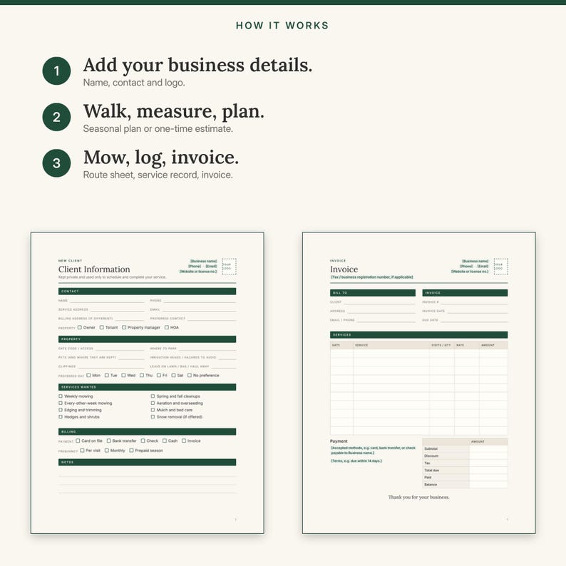Three steps: add your business details, walk, measure and plan, then mow, log and invoice