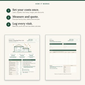 May include: A gutter cleaning business template set featuring a How It Works section, a price list with a house illustration, and an invoice form. The documents include fields for business details, service descriptions, pricing, and payment terms.