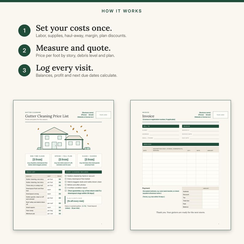 May include: A gutter cleaning business template set featuring a How It Works section, a price list with a house illustration, and an invoice form. The documents include fields for business details, service descriptions, pricing, and payment terms.