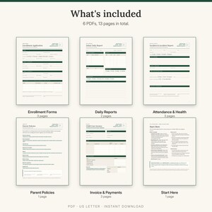 What is included: enrollment forms, daily reports, attendance and health logs, parent policies, invoice and payment records, Start Here