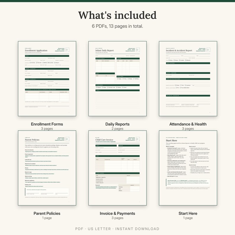 What is included: enrollment forms, daily reports, attendance and health logs, parent policies, invoice and payment records, Start Here