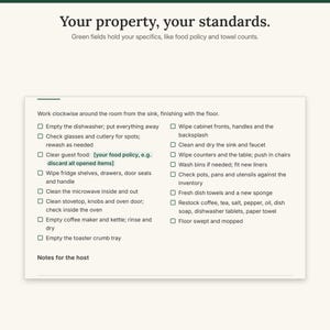 Close-up of the kitchen checklist showing tick boxes and green placeholder fields