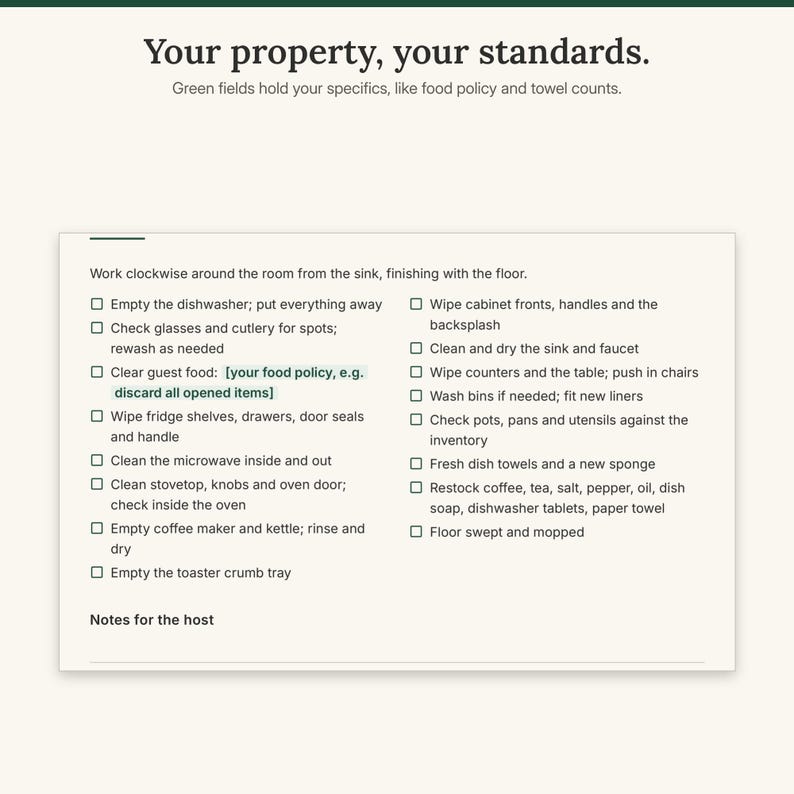 Close-up of the kitchen checklist showing tick boxes and green placeholder fields