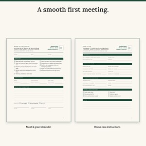 Meet and greet checklist with first booking details next to home care instructions for house sits