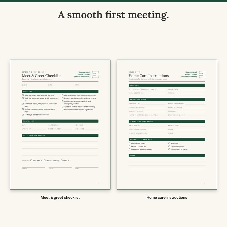 Meet and greet checklist with first booking details next to home care instructions for house sits