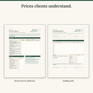 Client-facing service menu with prices by vehicle size next to the detailing quote with approval lines