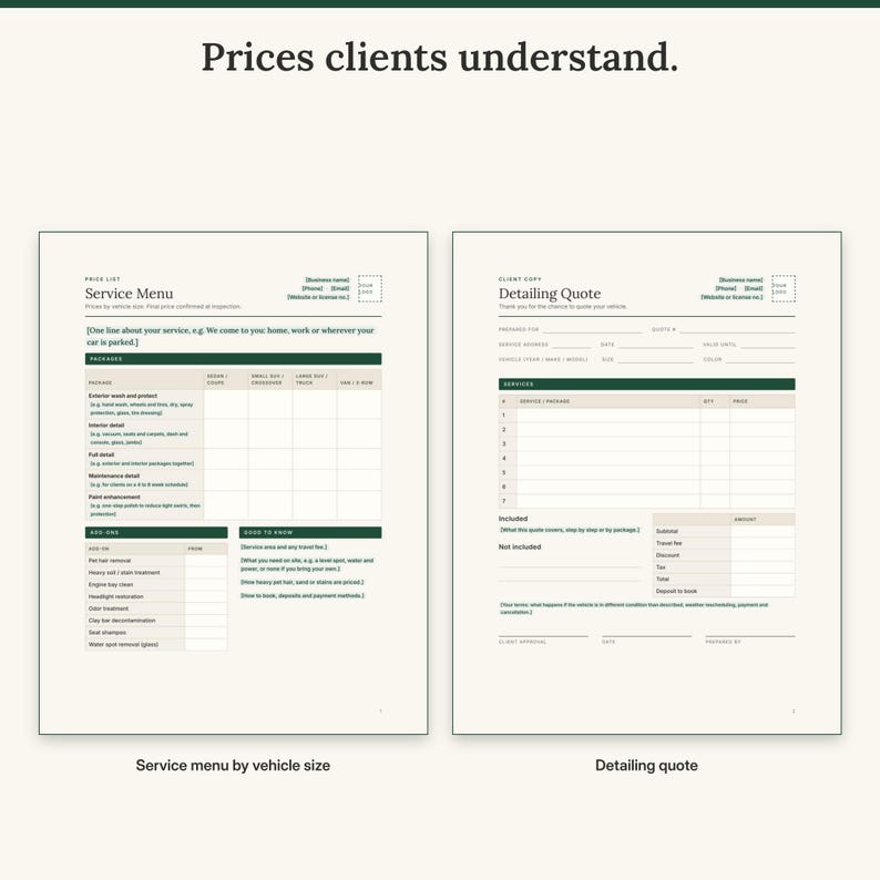Client-facing service menu with prices by vehicle size next to the detailing quote with approval lines