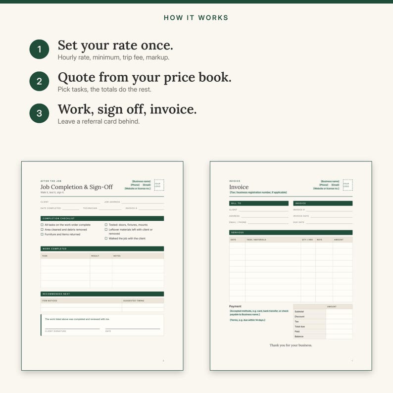 Three steps: set your rate once, quote from your price book, then work, sign off and invoice
