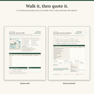 Sprinkler system walk with a numbered yard plan and a zone table, next to the service estimate with three options
