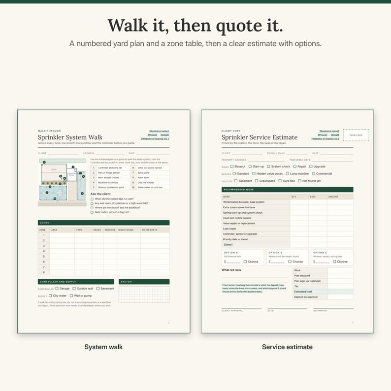 Sprinkler system walk with a numbered yard plan and a zone table, next to the service estimate with three options
