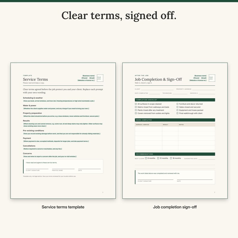 Service terms template with prompts next to the job completion and sign-off form