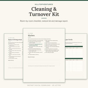 Cleaning and Turnover Kit cover showing the printable kitchen checklist in front of the bathroom checklist and restock list