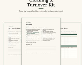 Peut inclure: Un document Cleaning & Turnover Kit comprenant une liste de contrôle pièce par pièce, une liste de réapprovisionnement et un rapport de dommages. Les pages incluent des sections pour les entrées, la cuisine et les niveaux de stock.