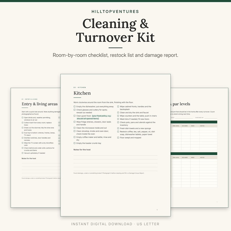 Cleaning and Turnover Kit cover showing the printable kitchen checklist in front of the bathroom checklist and restock list