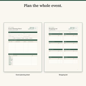 Event planning sheet with dietary summary and run of show next to a shopping list grouped by store section