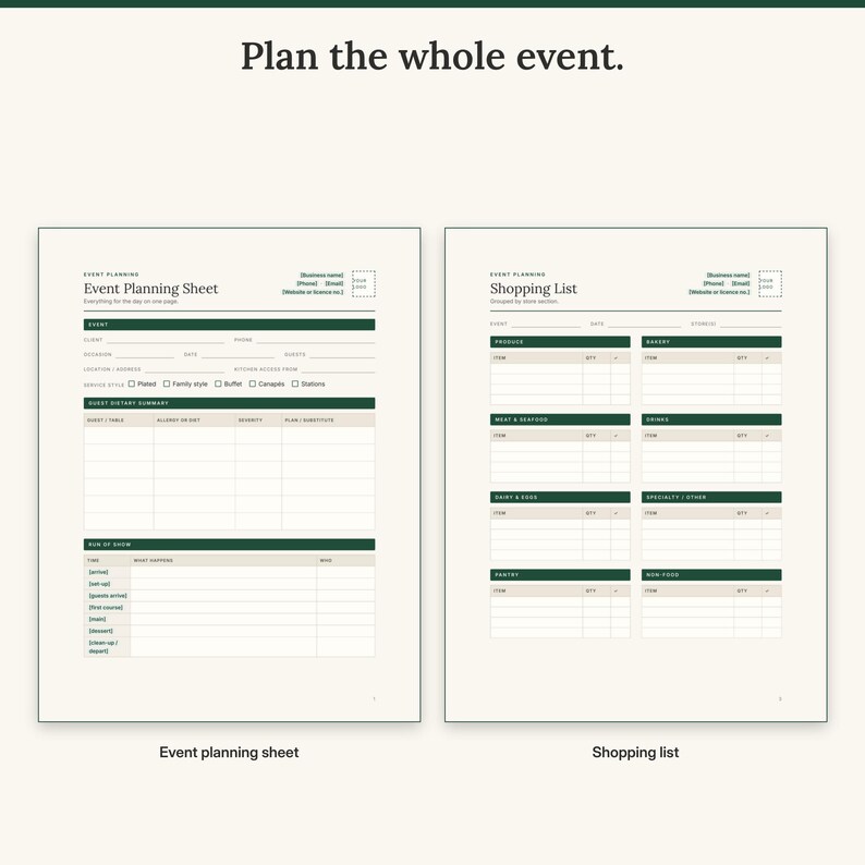 Event planning sheet with dietary summary and run of show next to a shopping list grouped by store section