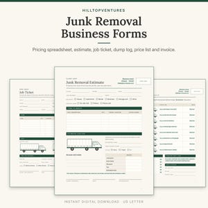 Junk Removal Business Forms cover showing the junk removal estimate with a truck load visual in front of the job ticket and price list