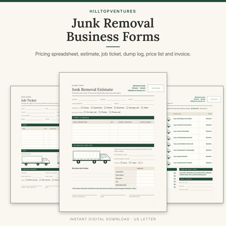 Junk Removal Business Forms cover showing the junk removal estimate with a truck load visual in front of the job ticket and price list