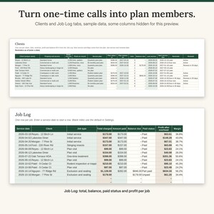 May include: A digital spreadsheet interface titled Turn one-time calls into plan members, featuring two tables labeled Clients and Job Log. The tables display columns for service dates, client names, job types, financial data, and service plans.