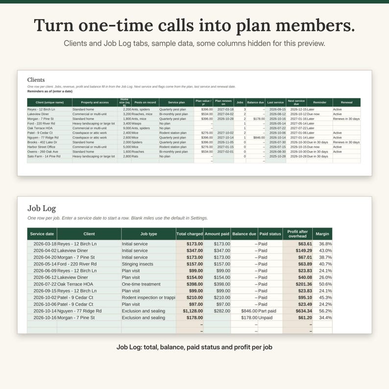 May include: A digital spreadsheet interface titled Turn one-time calls into plan members, featuring two tables labeled Clients and Job Log. The tables display columns for service dates, client names, job types, financial data, and service plans.