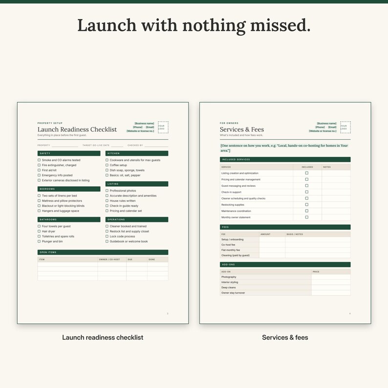 Launch readiness checklist by area next to the services and fees page for owners