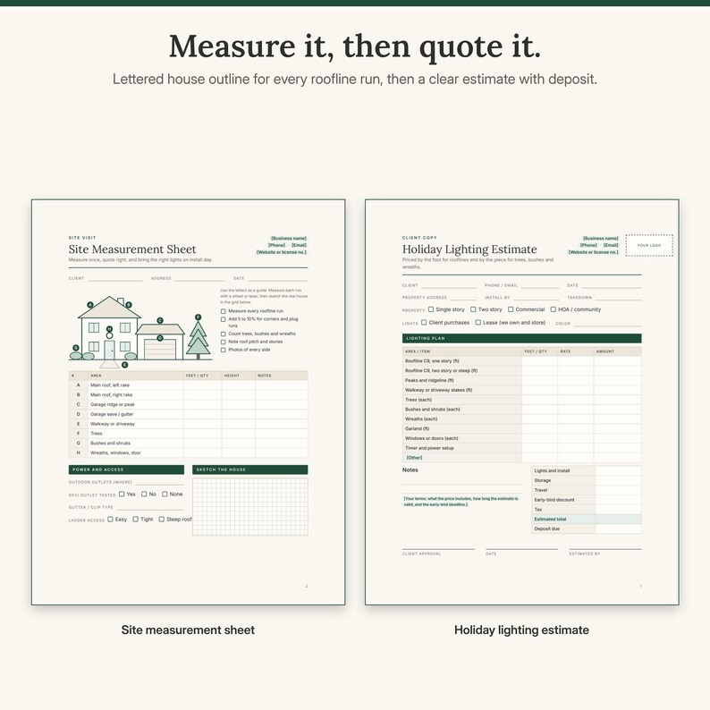 Site measurement sheet with a simple house outline lettered A to H next to the holiday lighting estimate