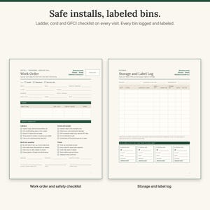 Install and takedown work order with ladder, cord and GFCI safety checklist next to the storage and label log with cut-out bin labels