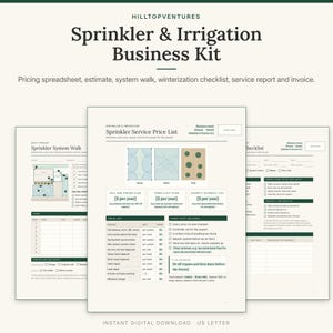 Sprinkler and Irrigation Business Kit cover showing the price list with a drawing of spray, rotor and drip zones, in front of the system walk and the winterization checklist
