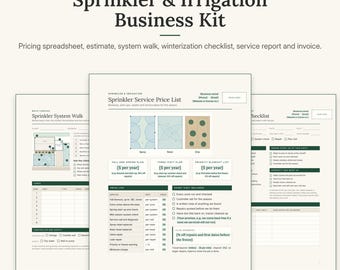 Könnte beinhalten: Ein Sprinkler- und Bewässerungs-Business-Kit mit Preisliste, Kostenvoranschlag, System-Checkliste, Winterfestmachungs-Checkliste, Servicebericht und Rechnung. Die Dokumente enthalten Text, Tabellen und Diagramme zur Verwaltung.
