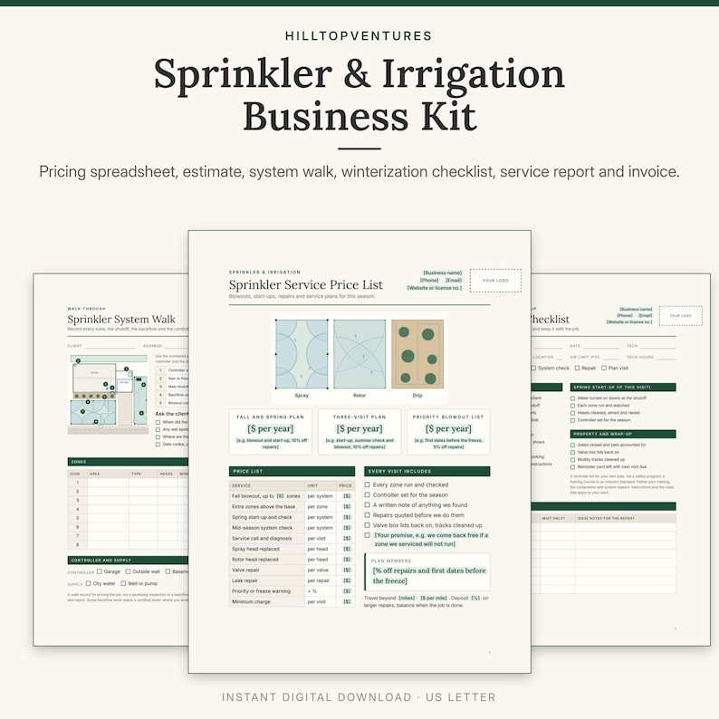 Sprinkler and Irrigation Business Kit cover showing the price list with a drawing of spray, rotor and drip zones, in front of the system walk and the winterization checklist