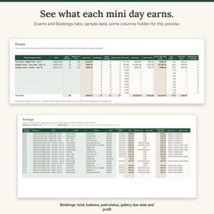 Events tab showing day costs, bookings, fill rate, profit per hour and break-even bookings for each mini session day, above the Bookings tab with totals, balances and gallery due dates