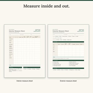 Interior measure sheet with a room-by-room table next to the exterior measure sheet with elevations and prep checklist