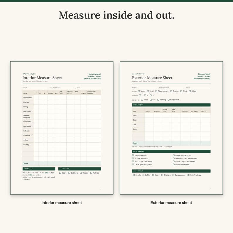 Interior measure sheet with a room-by-room table next to the exterior measure sheet with elevations and prep checklist