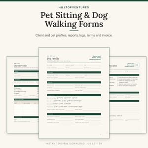 Pet Sitting and Dog Walking Forms cover showing the pet profile in front of the client profile and meet and greet checklist