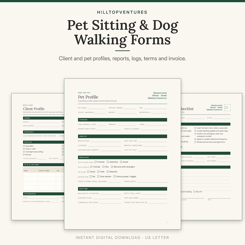 Pet Sitting and Dog Walking Forms cover showing the pet profile in front of the client profile and meet and greet checklist