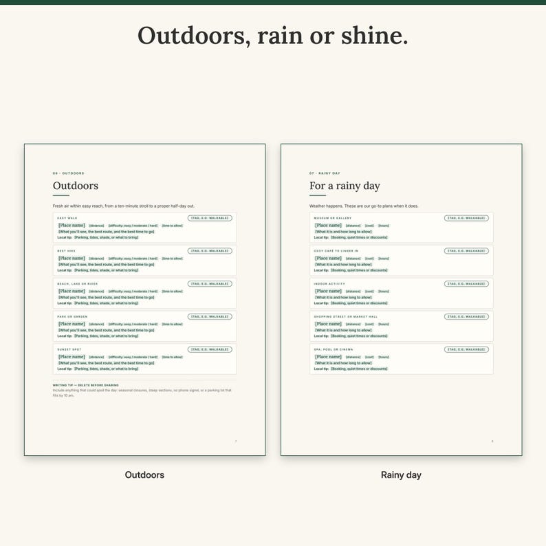 Outdoors page with difficulty and time-to-allow fields next to the rainy day page