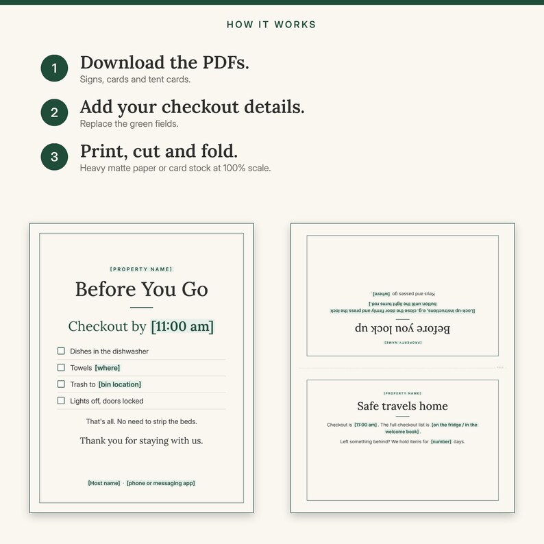 Three steps: download, add your checkout details, print, cut and fold