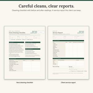 May include: A two-page printable document set featuring a Vent Cleaning Checklist and a Client Service Report. The forms include sections for business details, client information, cleaning steps, before and after readings, and service recommendations.