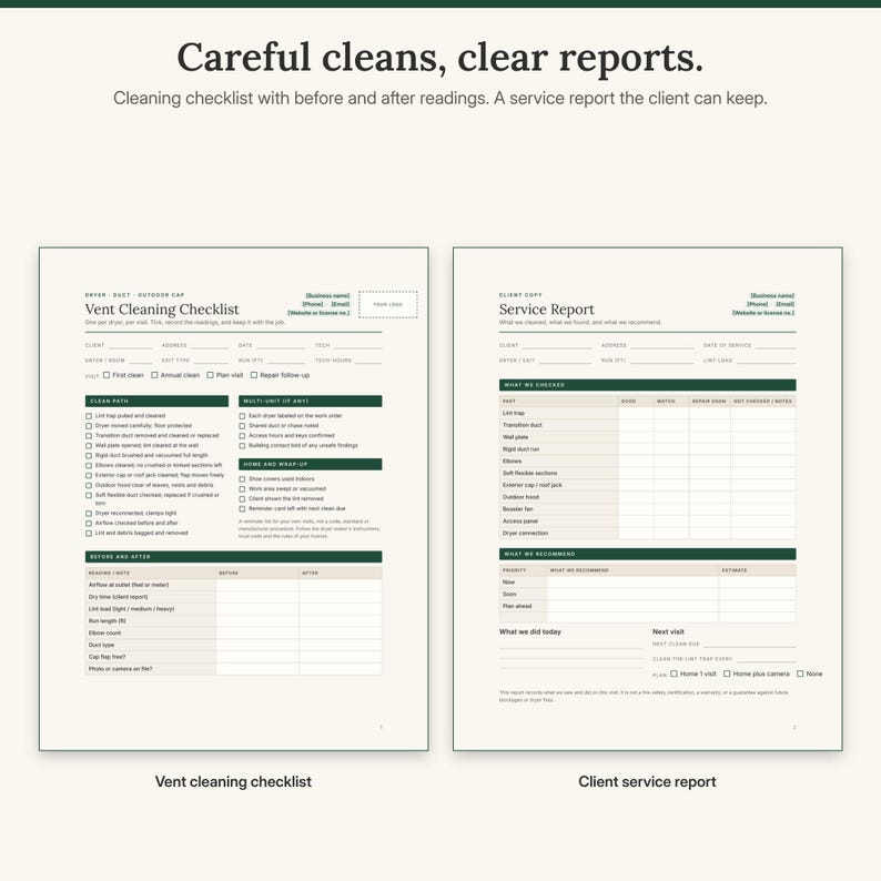 May include: A two-page printable document set featuring a Vent Cleaning Checklist and a Client Service Report. The forms include sections for business details, client information, cleaning steps, before and after readings, and service recommendations.