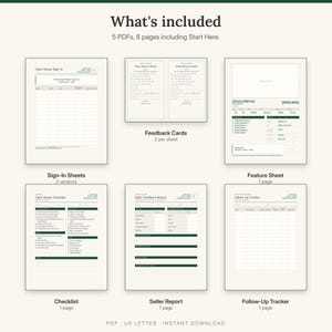 What is included: two sign-in sheets, feedback cards, feature sheet, open house checklist, seller report and follow-up tracker