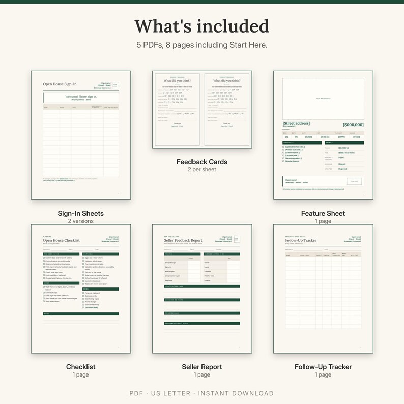 What is included: two sign-in sheets, feedback cards, feature sheet, open house checklist, seller report and follow-up tracker