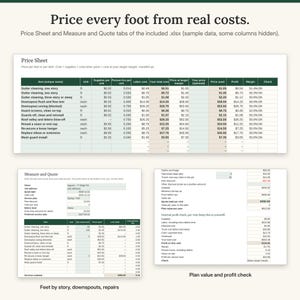 May include: A digital spreadsheet document titled Price every foot from real costs, featuring a Price Sheet table with columns for item, unit, labour, and profit, alongside Measure and Quote tabs for gutter cleaning services and financial data.