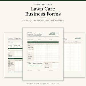 Lawn Care Business Forms cover showing the seasonal service plan in front of the walkthrough sheet and route sheet