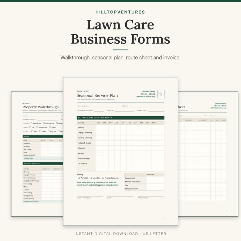 Lawn Care Business Forms cover showing the seasonal service plan in front of the walkthrough sheet and route sheet