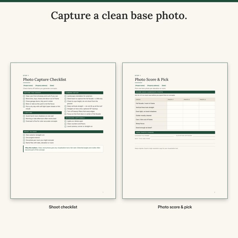 Photo capture checklist next to the photo score and pick sheet