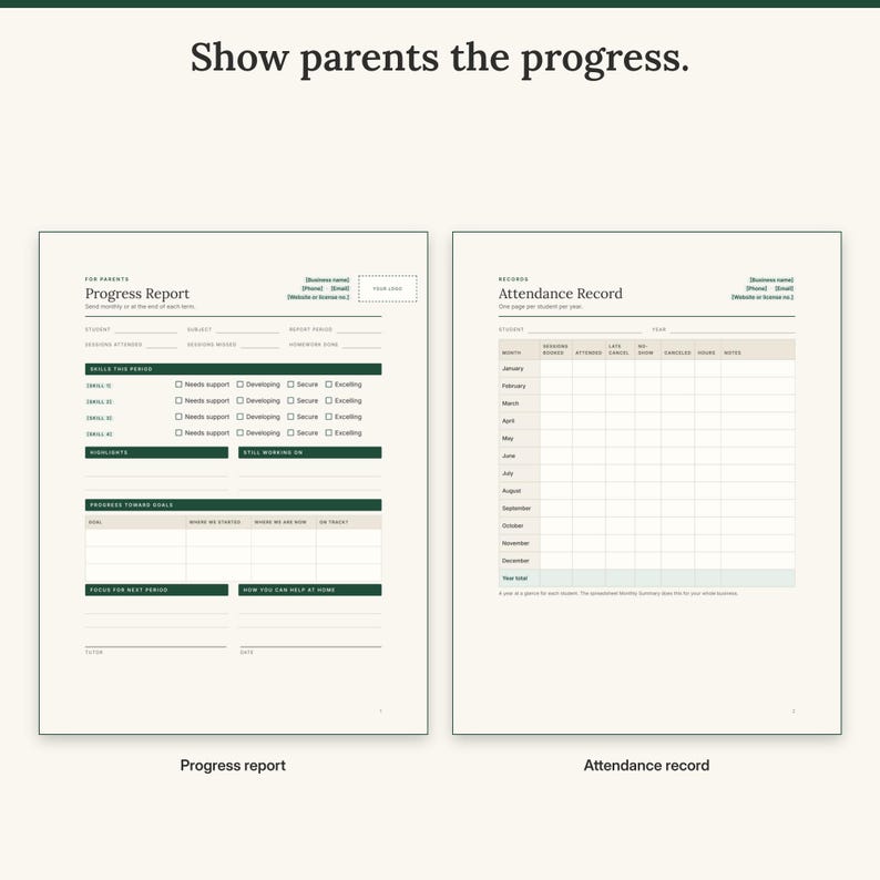 Progress report for parents with skill ratings and goals next to the yearly attendance record